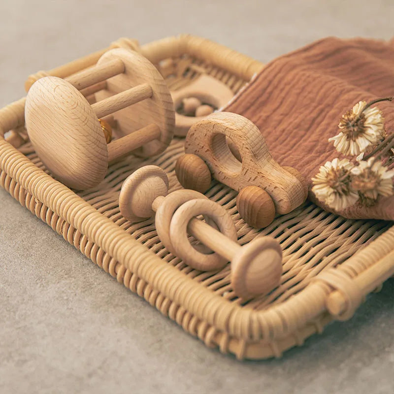 Wood Montessori Stroller Beech Rattles Teething Rodent Ring