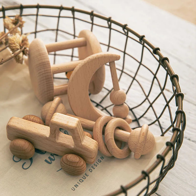 Wood Montessori Stroller Beech Rattles Teething Rodent Ring