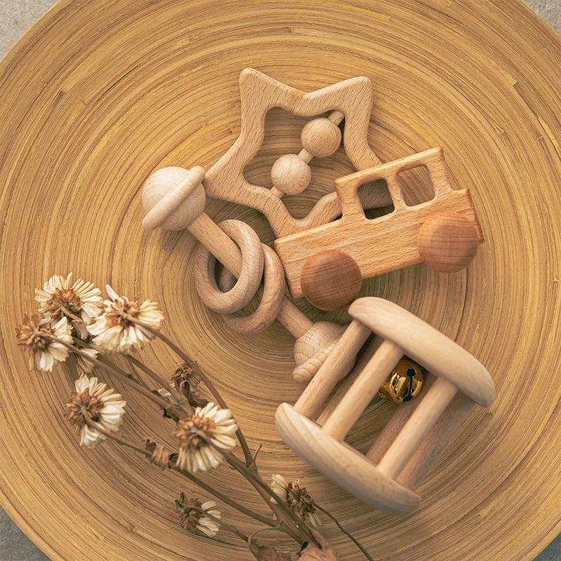 Wood Montessori Stroller Beech Rattles Teething Rodent Ring