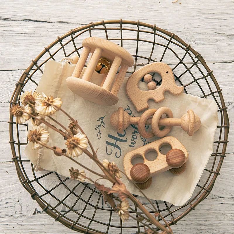 Wood Montessori Stroller Beech Rattles Teething Rodent Ring