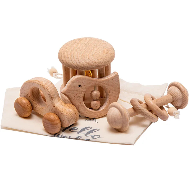 Wood Montessori Stroller Beech Rattles Teething Rodent Ring