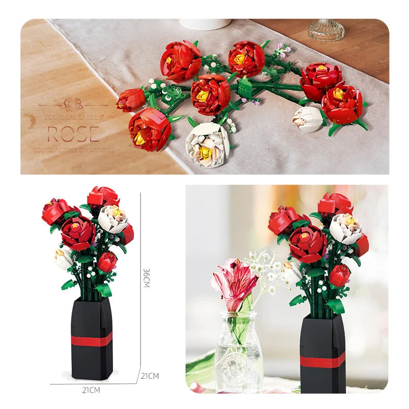 Creative Red Rose Vase Plants Model Building Blocks