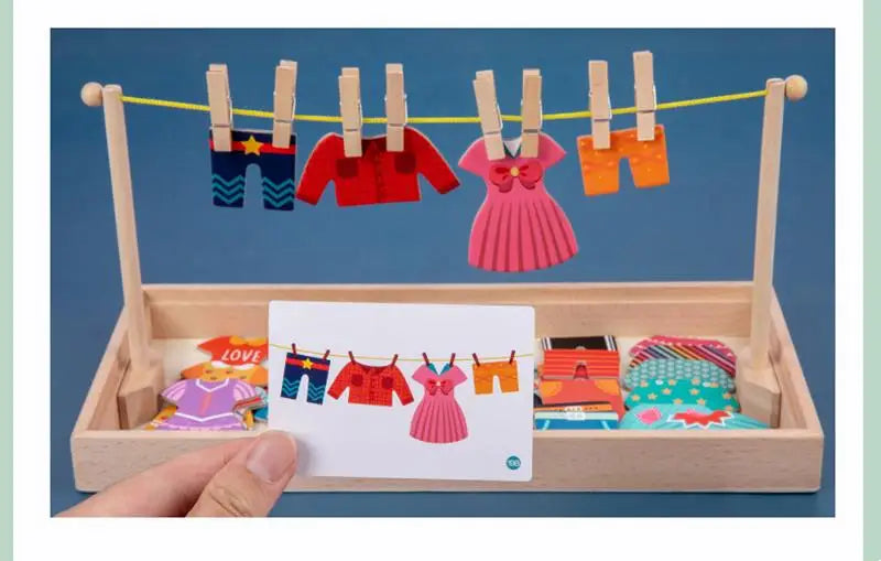 Wooden Kids Clothes Drying Dress-Up Puzzle Jigsaw Montessori Games