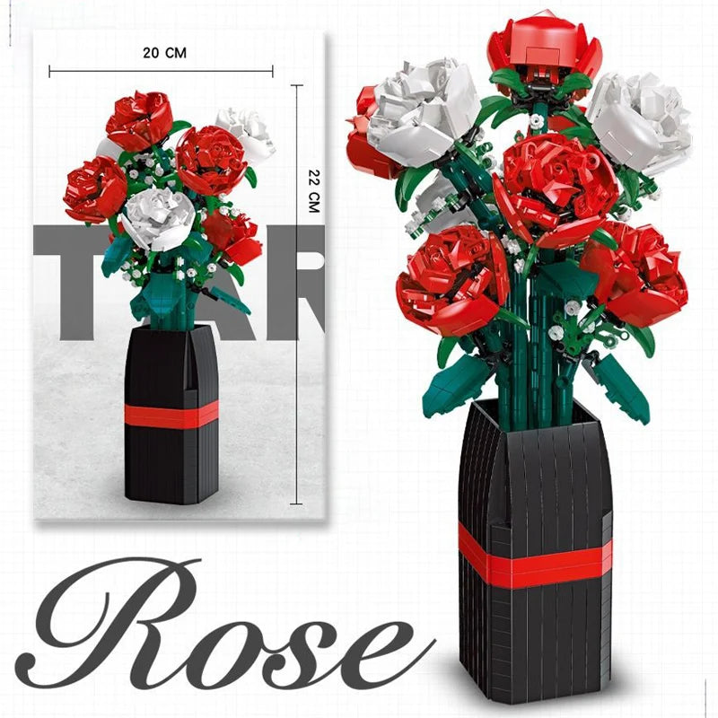 Creative Red Rose Vase Plants Model Building Blocks