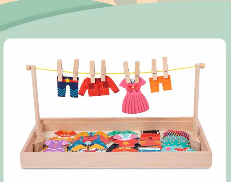 Wooden Kids Clothes Drying Dress-Up Puzzle Jigsaw Montessori Games
