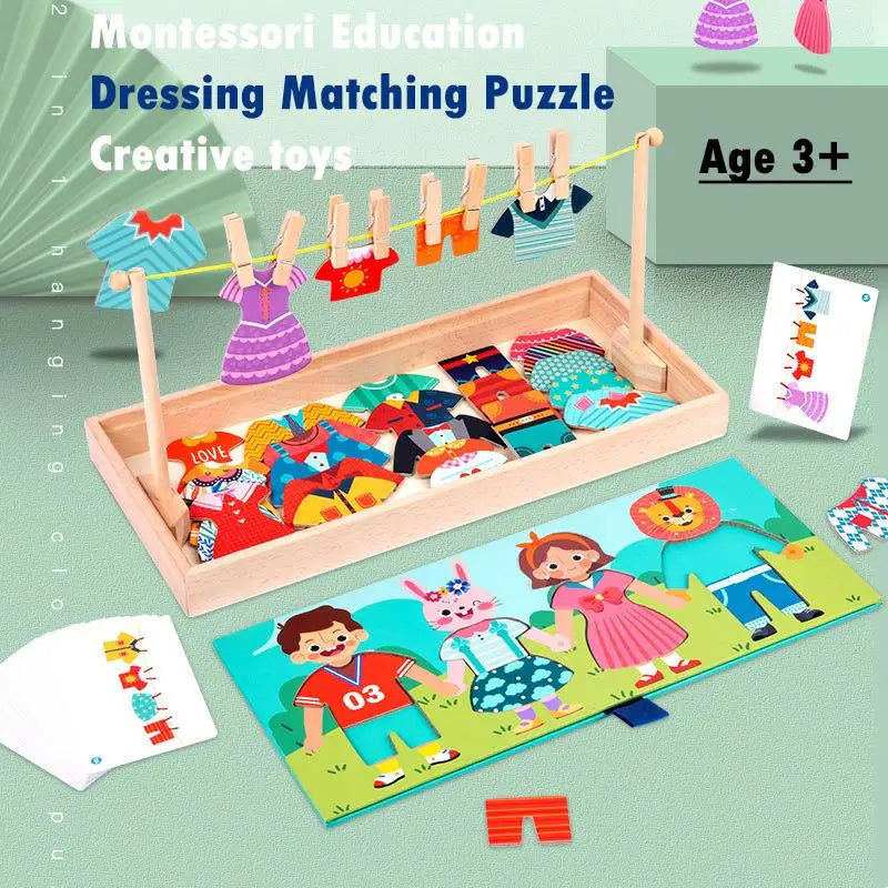 Wooden Kids Clothes Drying Dress-Up Puzzle Jigsaw Montessori Games