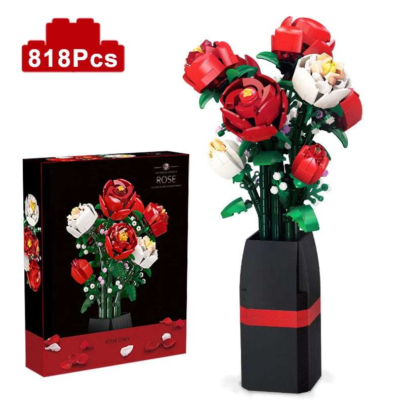 Creative Red Rose Vase Plants Model Building Blocks