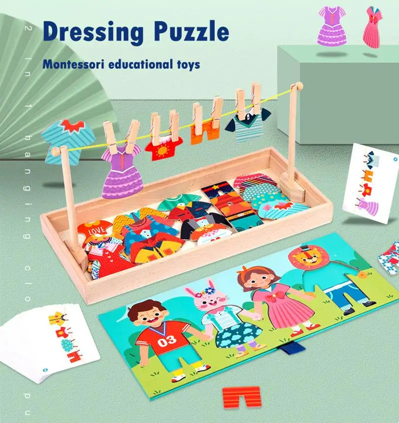 Wooden Kids Clothes Drying Dress-Up Puzzle Jigsaw Montessori Games