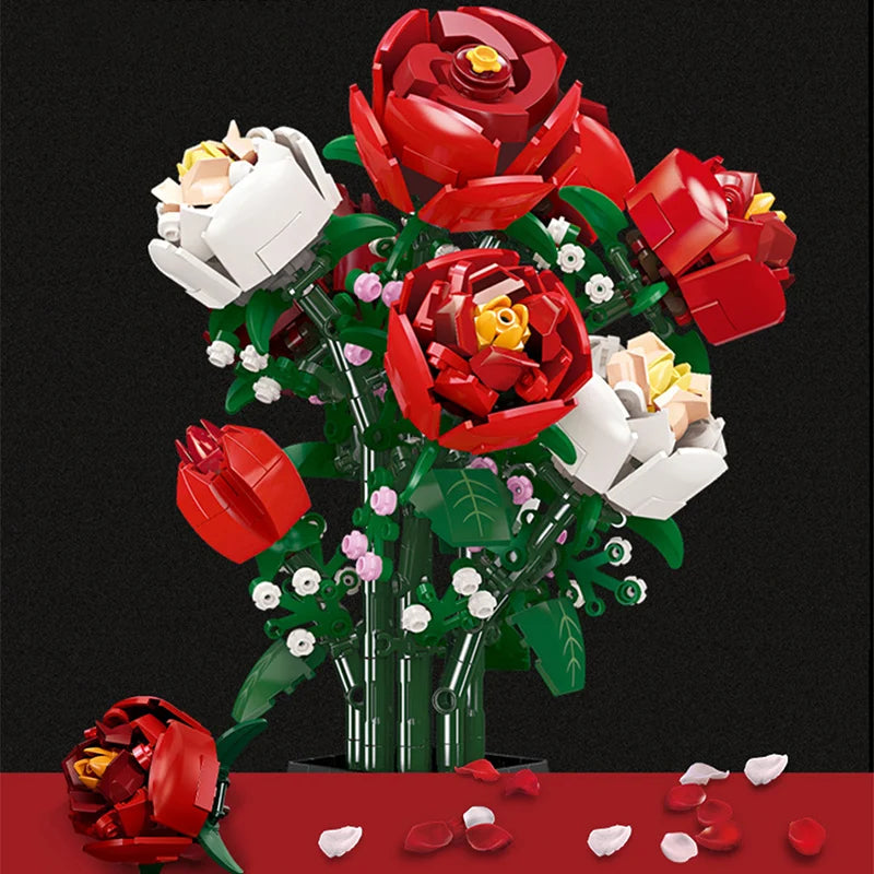 Creative Red Rose Vase Plants Model Building Blocks