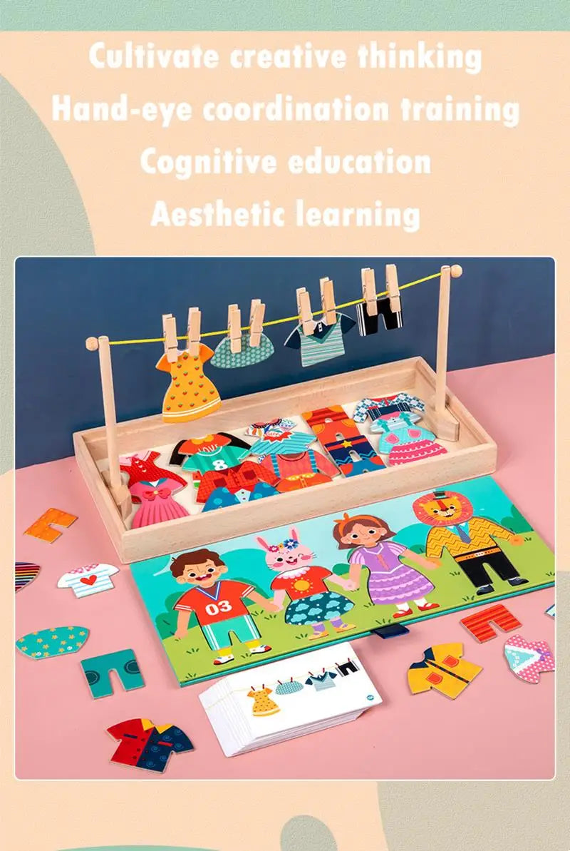 Wooden Kids Clothes Drying Dress-Up Puzzle Jigsaw Montessori Games