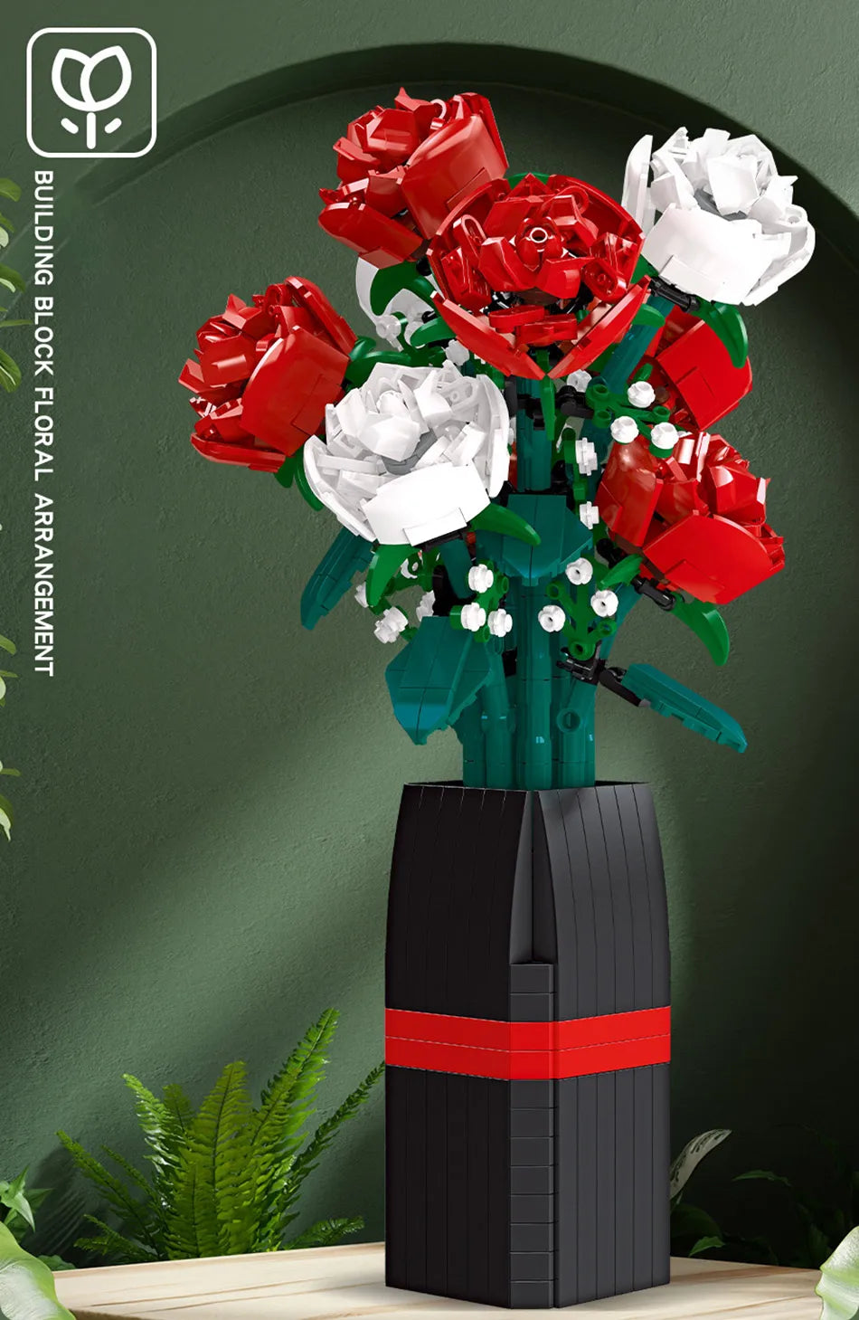 Creative Red Rose Vase Plants Model Building Blocks
