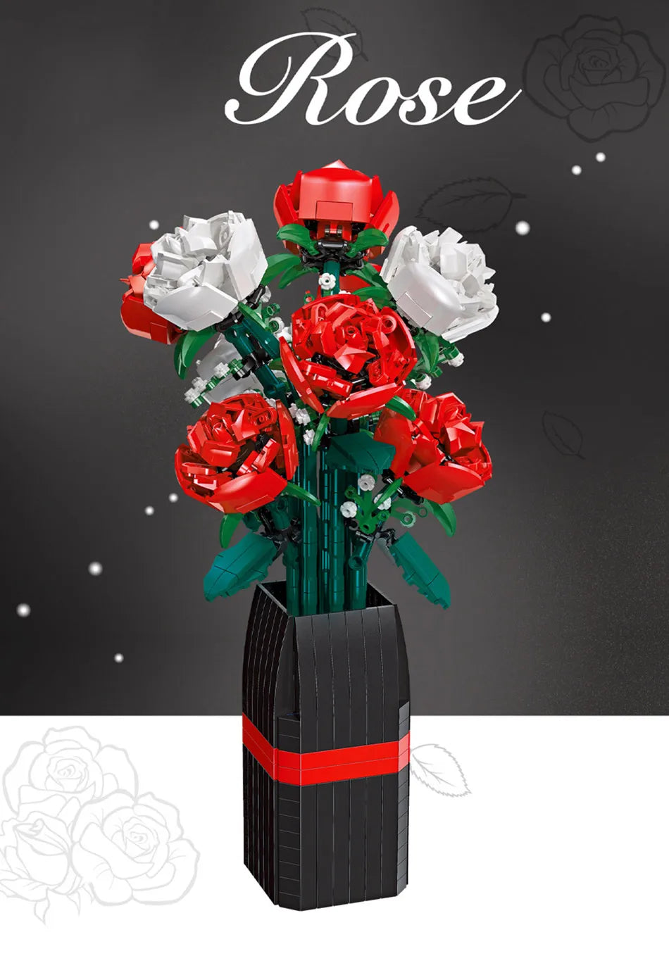 Creative Red Rose Vase Plants Model Building Blocks