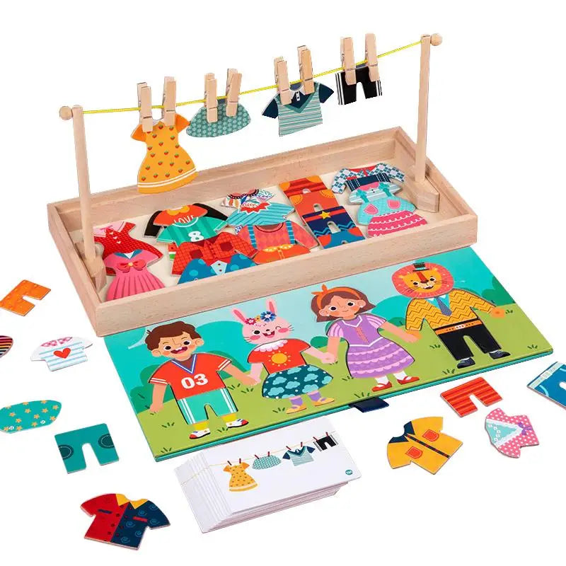 Wooden Kids Clothes Drying Dress-Up Puzzle Jigsaw Montessori Games