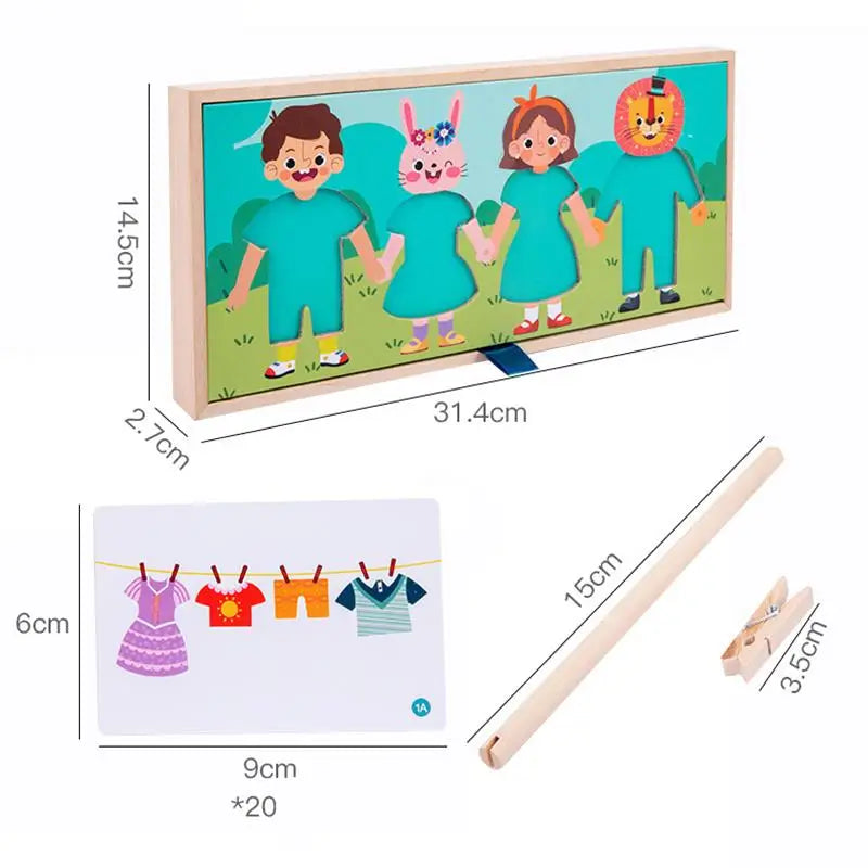 Wooden Kids Clothes Drying Dress-Up Puzzle Jigsaw Montessori Games