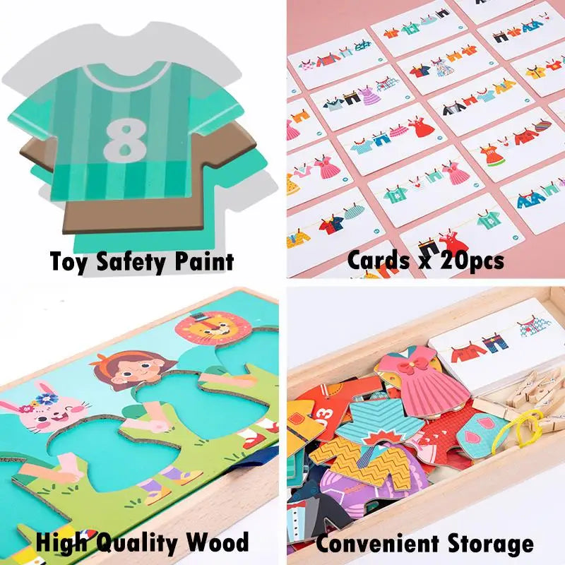 Wooden Kids Clothes Drying Dress-Up Puzzle Jigsaw Montessori Games