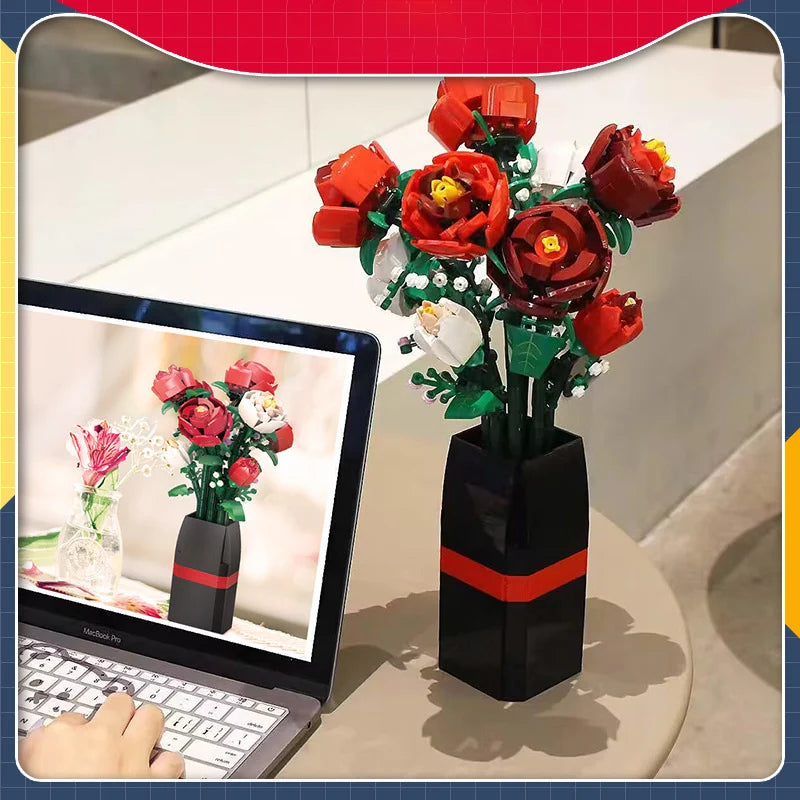 Creative Red Rose Vase Plants Model Building Blocks
