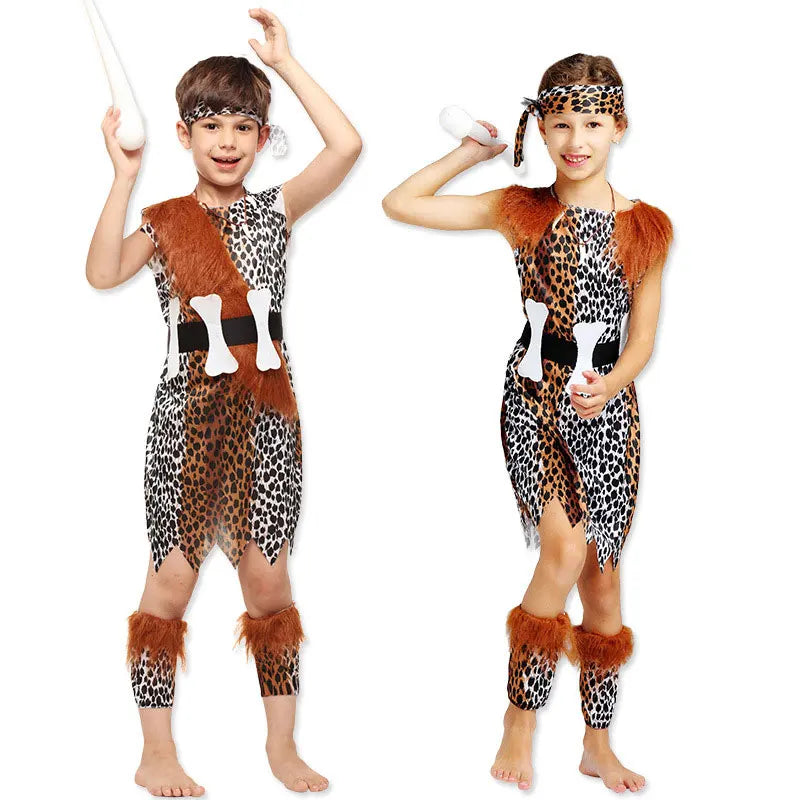 Umorden Kids Child Historical Stone Age Caveboy Cavegirl Costume Cave man Primitive Cosplay for Boys Girls Halloween Costumes