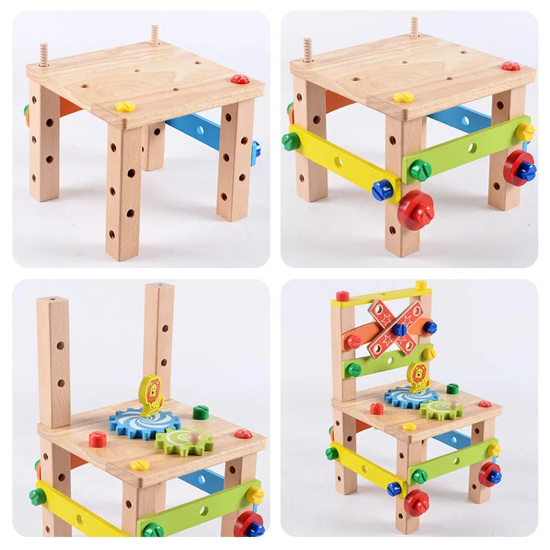 Wooden Assembling Chair Montessori Toys Kids Multifunctional Variety Nut Combination Assembly Tool Chair Educational Wooden Toys