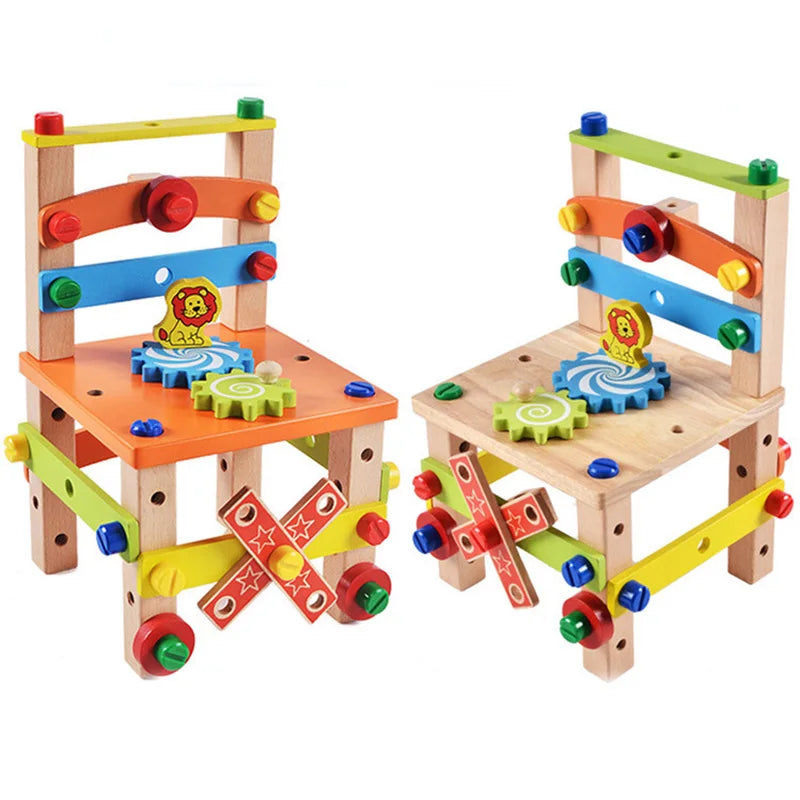 Wooden Assembling Chair Montessori Toys Kids Multifunctional Variety Nut Combination Assembly Tool Chair Educational Wooden Toys