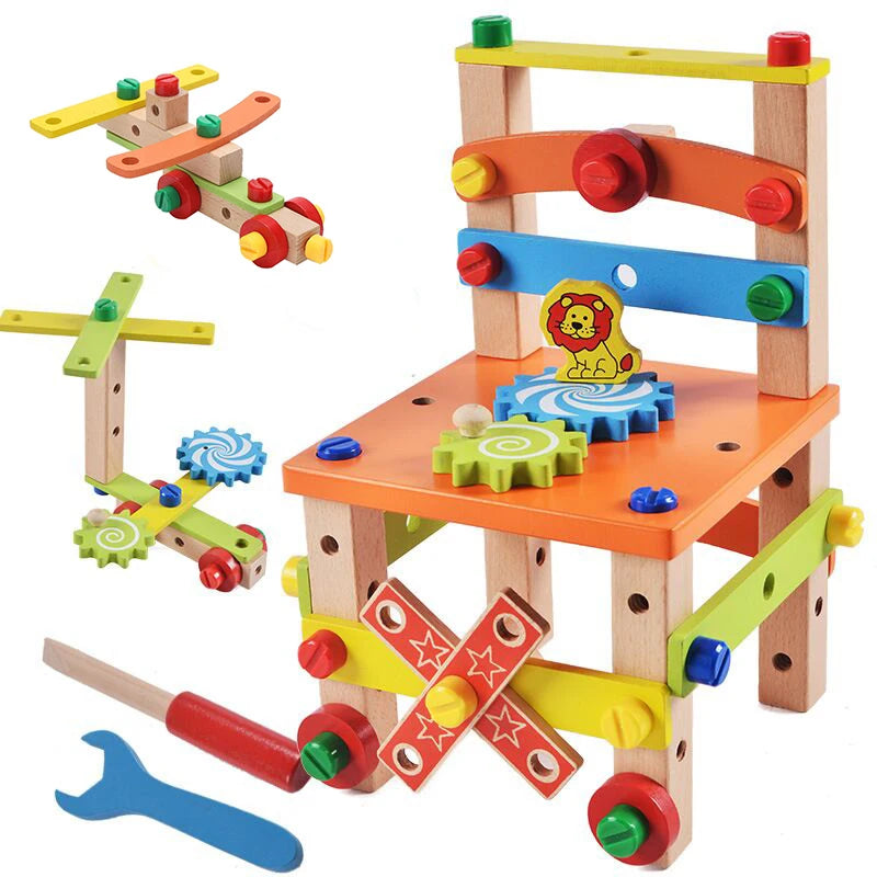 Wooden Assembling Chair Montessori Toys Kids Multifunctional Variety Nut Combination Assembly Tool Chair Educational Wooden Toys