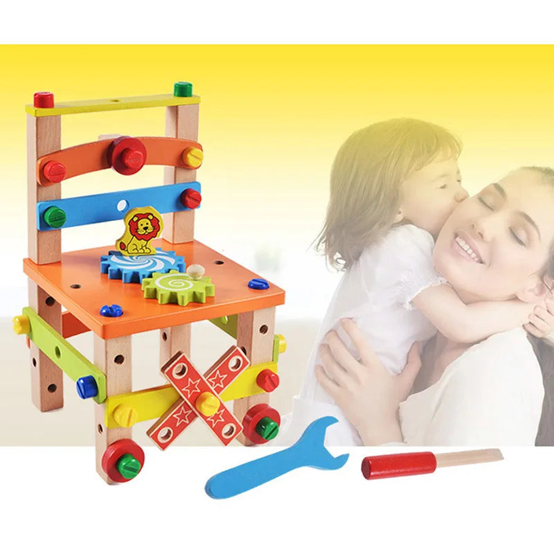 Wooden Assembling Chair Montessori Toys Kids Multifunctional Variety Nut Combination Assembly Tool Chair Educational Wooden Toys