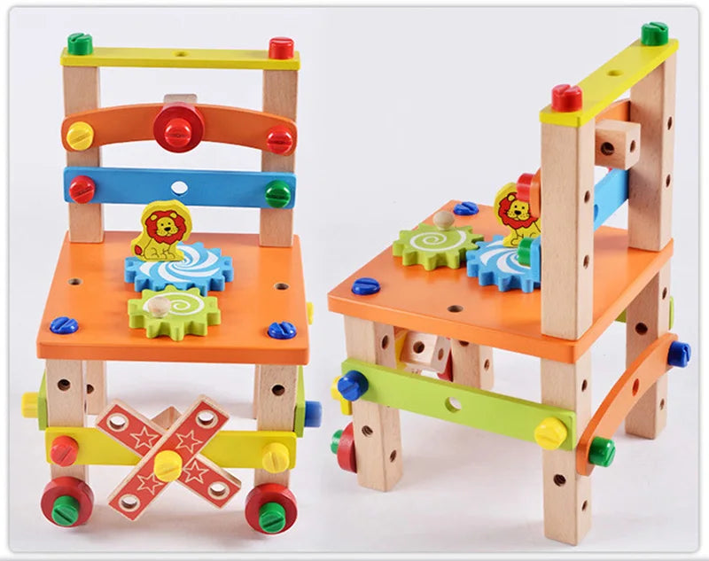 Wooden Assembling Chair Montessori Toys Kids Multifunctional Variety Nut Combination Assembly Tool Chair Educational Wooden Toys