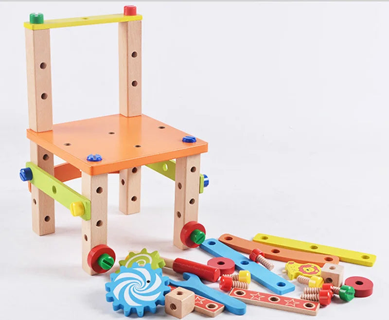 Wooden Assembling Chair Montessori Toys Kids Multifunctional Variety Nut Combination Assembly Tool Chair Educational Wooden Toys