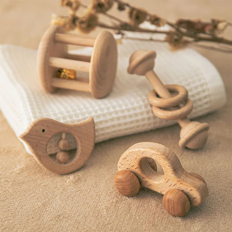 Wood Montessori Stroller Baby Toys Beech Wooden Rattles Teething Rodent Ring Musical Rattles Cognition Early Educational Toys