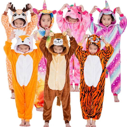 Children's Unicorn Tiger Lion Fox Sika Deer Kigurumi Kid Onesie Pyjamas Cosplay Costumes for Halloween Carnival Party