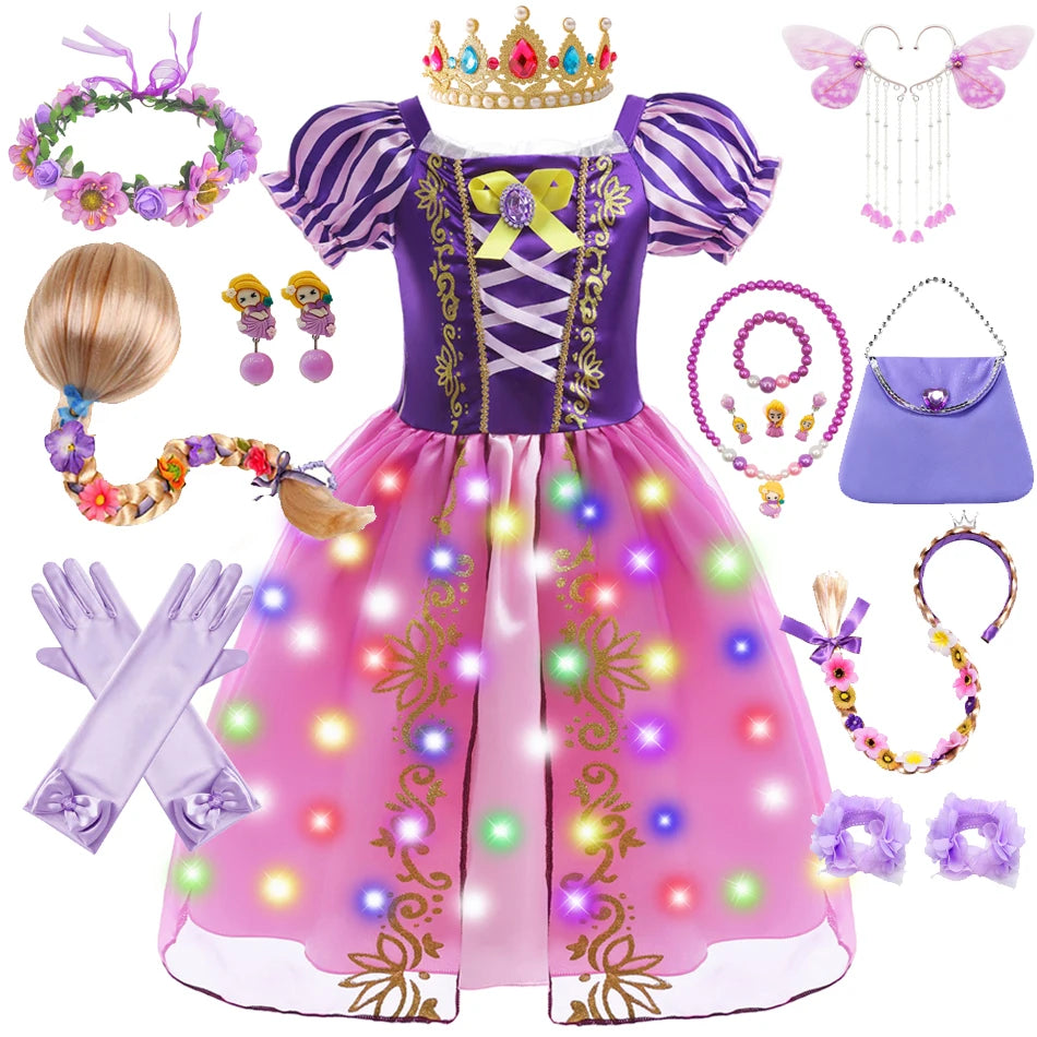 Princess Cosplay Rapunzel Dress Girl Tangled Baby Halloween Purple LED Light Costume Kid Christmas Carnival Fancy Ball Gowns