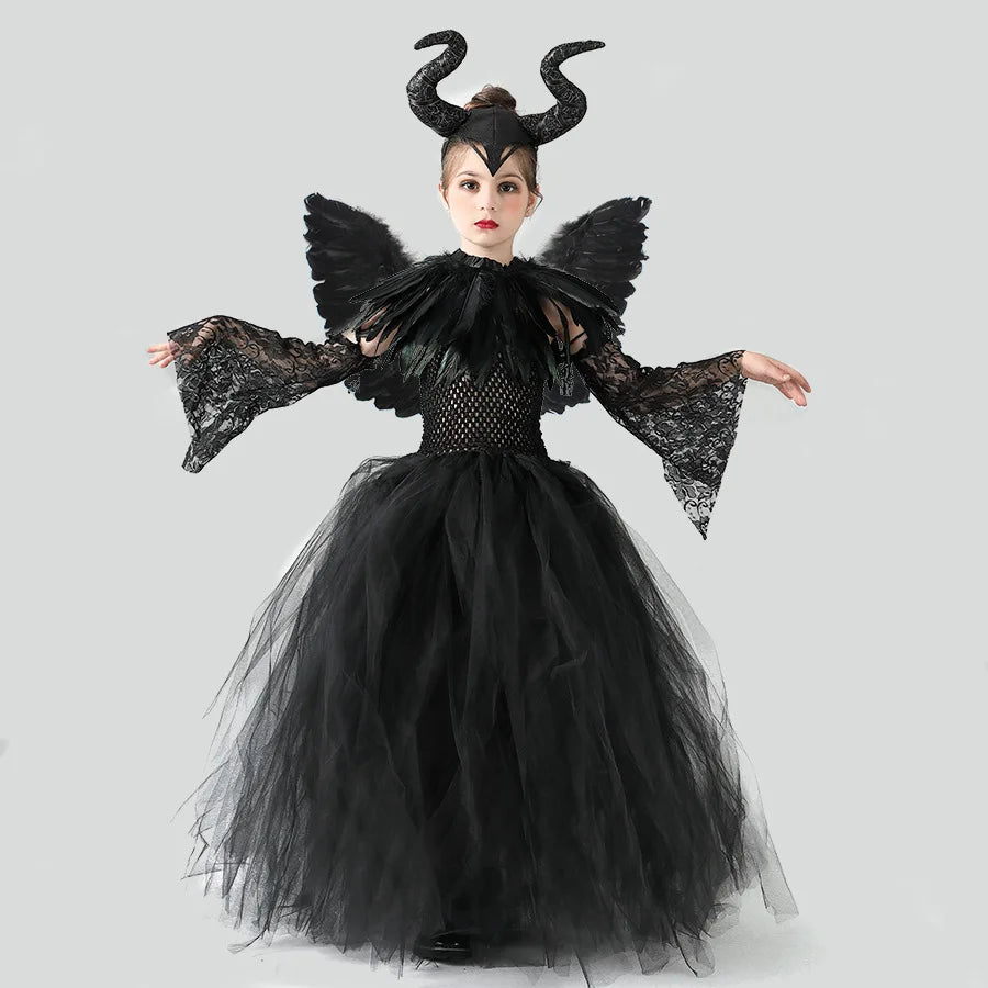 Kids Maleficent Girls Costume Dress Deluxe Halloween Cosplay Dress Gown Kids Demon Queen Witch Clothes