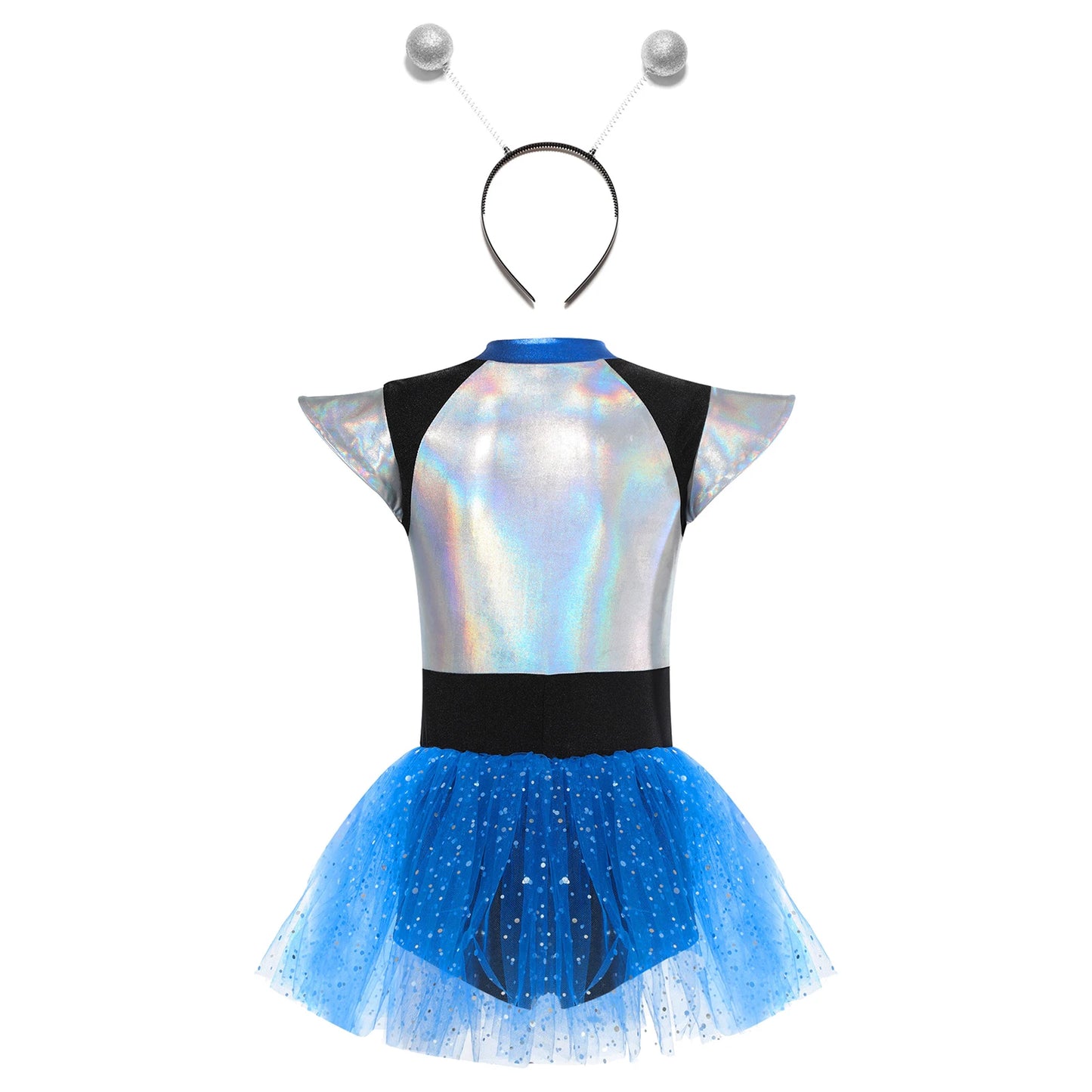 Kids Girls Alien Robot Astronaut Cosplay Costume Short Sleeve Shiny Metallic Spangles Tutu Dress Bodysuit with Alien Hair Hoop