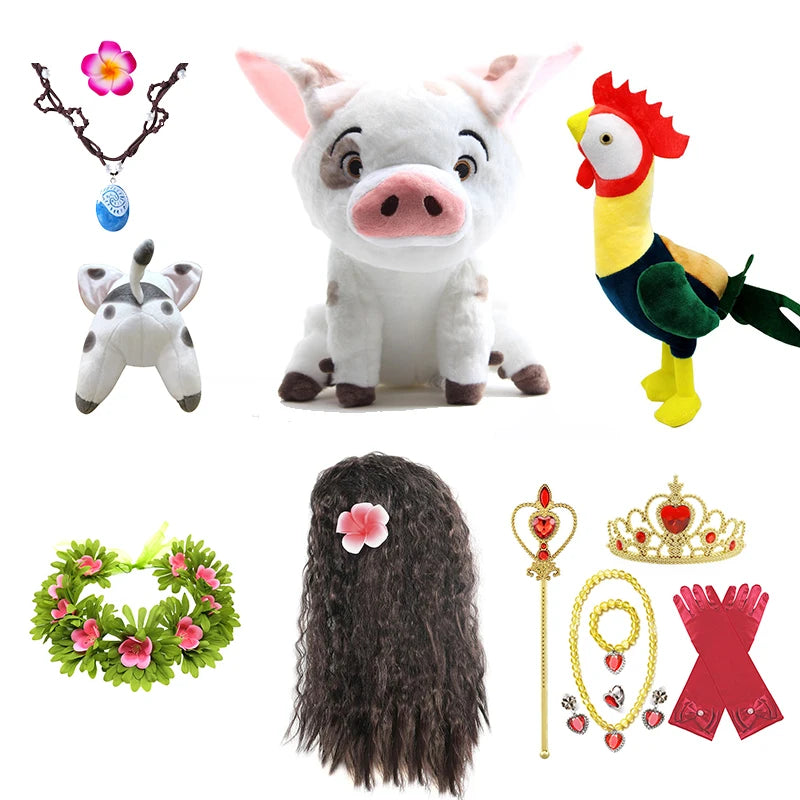 Gilrs Princess Moana Wig and Necklace Flower Clip Dress Up Set Halloween Vaiana Costume Accessories Moana Pet Pig and Cock Toys