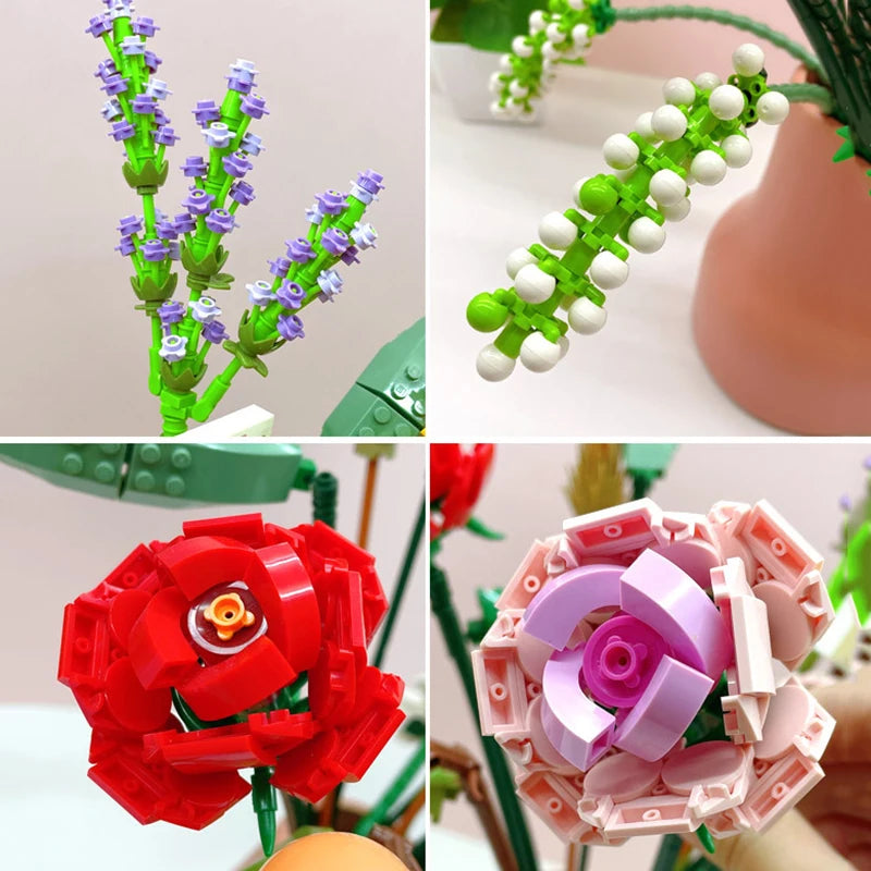 Mini Rose Building Blocks Flower Simulation Potted Bouquet 3D Model Home Decoration DIY Children's Educational Toys Girl Gift