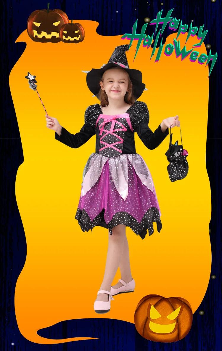 Kids 2024 Halloween Witch Costume for Girls Carnival Party Evil Lovely Witch Vestidos Set Dress+Hat+Magic Wand+Bag Clothes Set