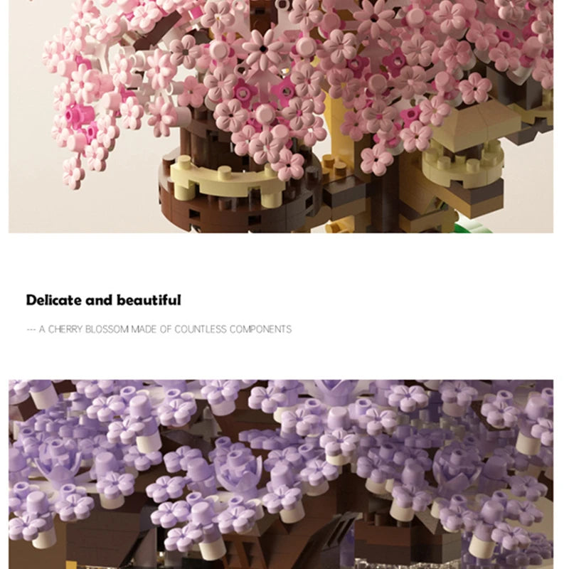 DIY Purple Romantic Cherry Blossom Flower Pink Tree House Train Assembly Building Blocks Classic Model Bricks Sets Kid