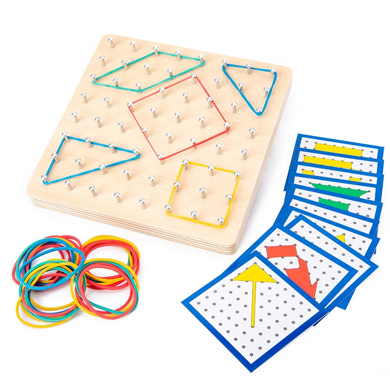 Children Math Wooden Toys Set Geometric Shape Rubber Band Nailboard Game Montessori Educational Creative Toy Fine Motor Training