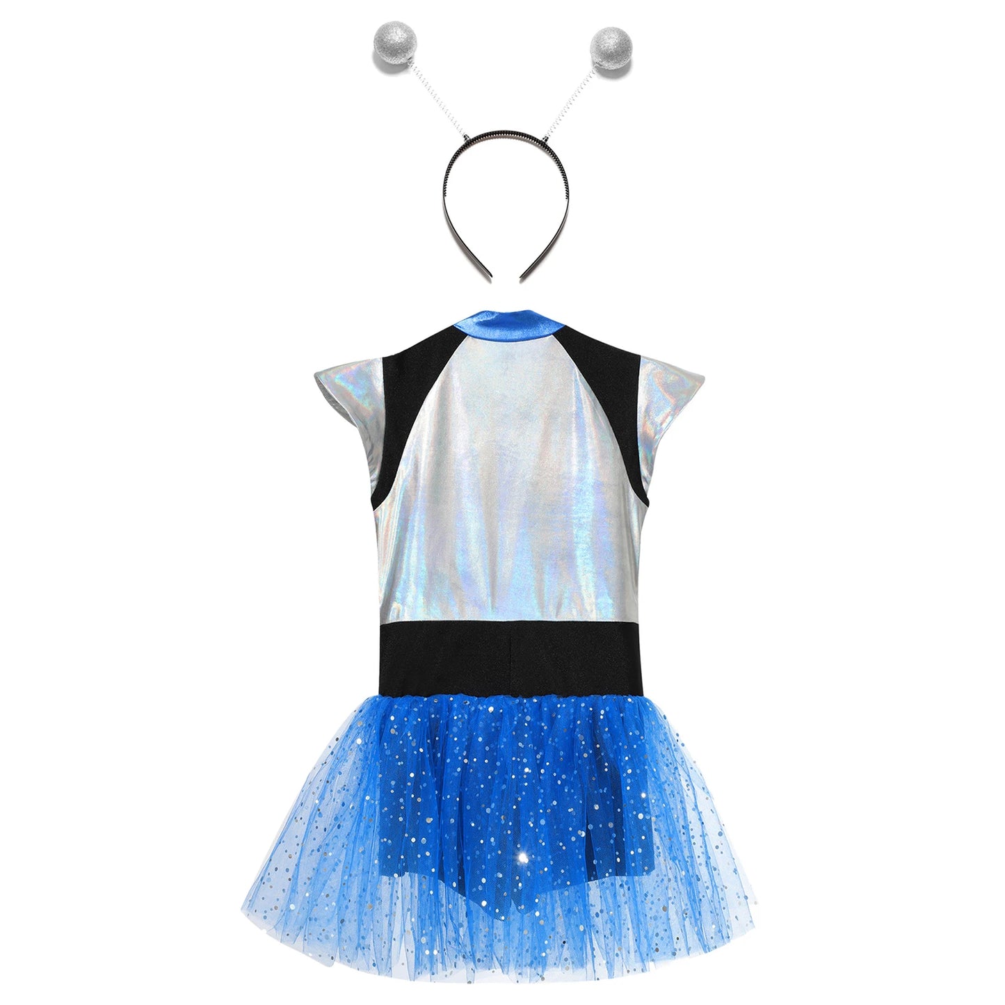 Kids Girls Alien Robot Astronaut Cosplay Costume Short Sleeve Shiny Metallic Spangles Tutu Dress Bodysuit with Alien Hair Hoop