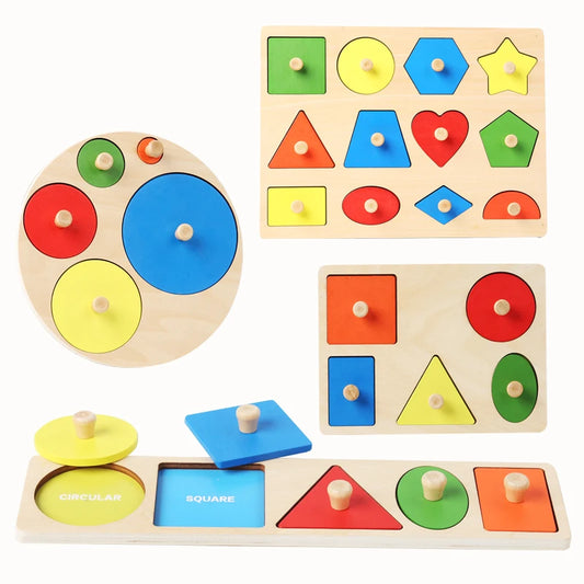 Montessori baby puzzle toys, wooden shape and color matching hand scratching board, geometric early education cognitive toys