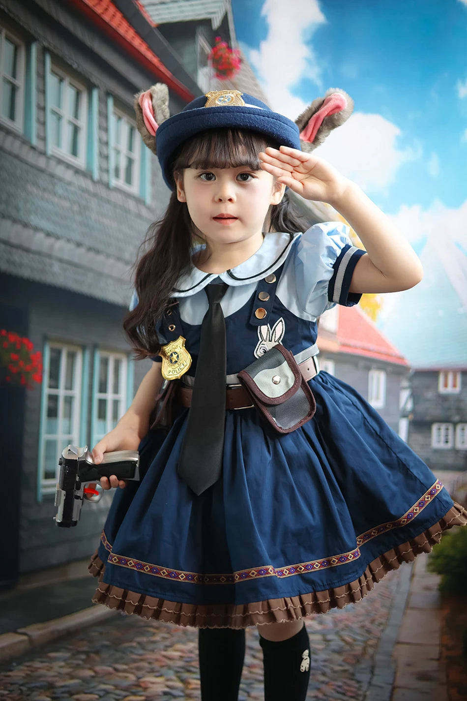 Movie Zootropolis Judy Cosplay Costume Kids Dress Tie Headdress Belt Socks Full Set Girls Police Role Play Uniform Halloween