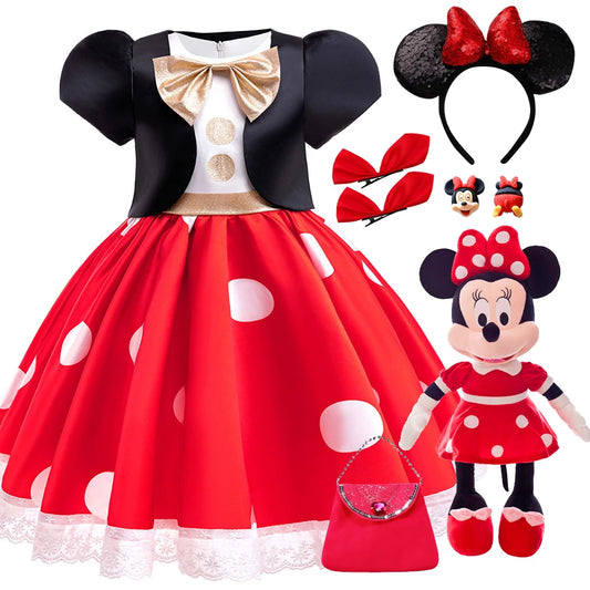 Disney Cosplay Princess Minnie Mouse Dress Christmas Polka Dot Mickey Stage Performance Princess Dress Bow Sequin Bowknot