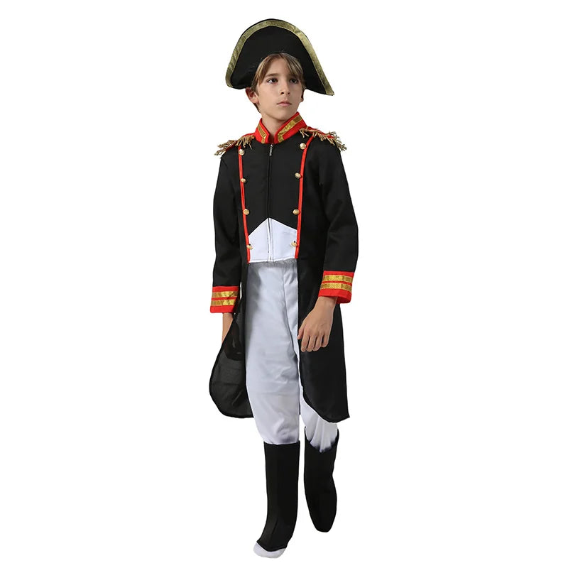 Black French Soldier Child Coat Suit Halloween Fancy Dress Up Napoleon Costume For Boys