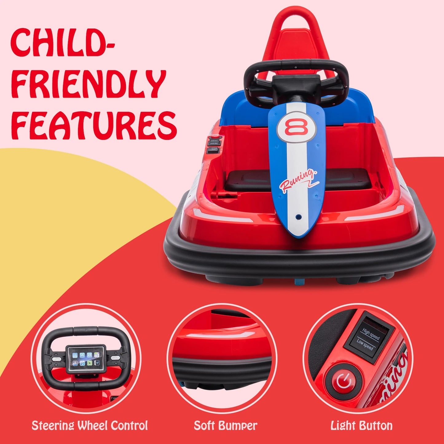 Toddlers Bumper Car, 6V Kids Electric Ride On Toys, 2 Mph Max Speed, Steering Wheel, 360 Degree Spin, 2-Speeds, Lights