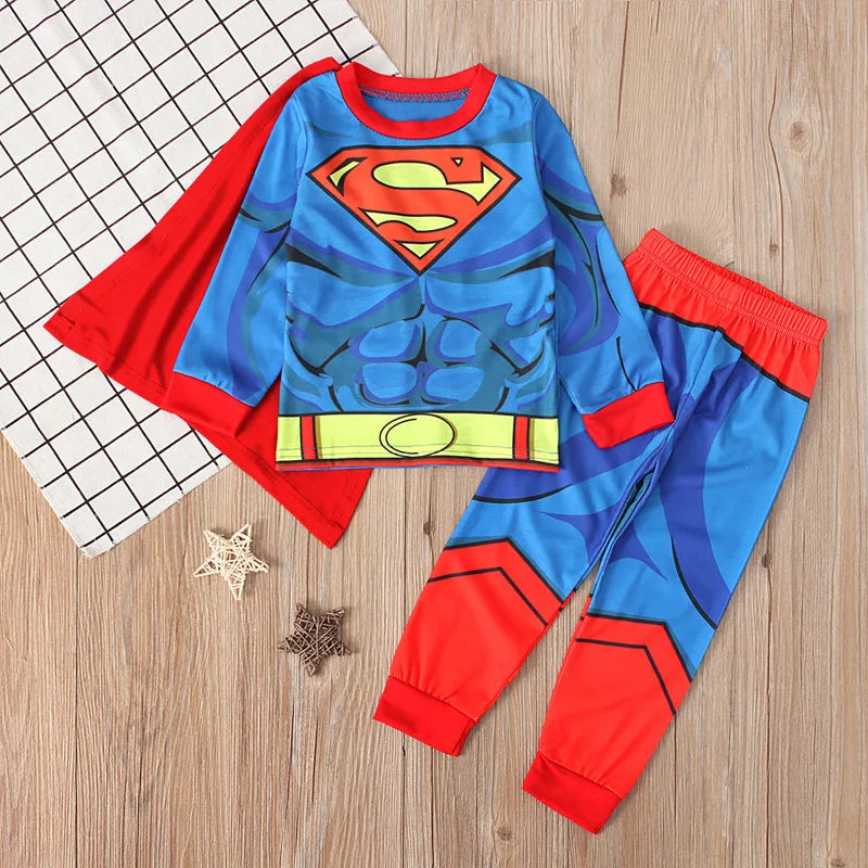 Children Super Hero Captain America Batman Cosplay Pajamas Cartoon Spider-Man Long Sleeve Top+Pant+Cape Suit 2-8T Baby Sleepwear