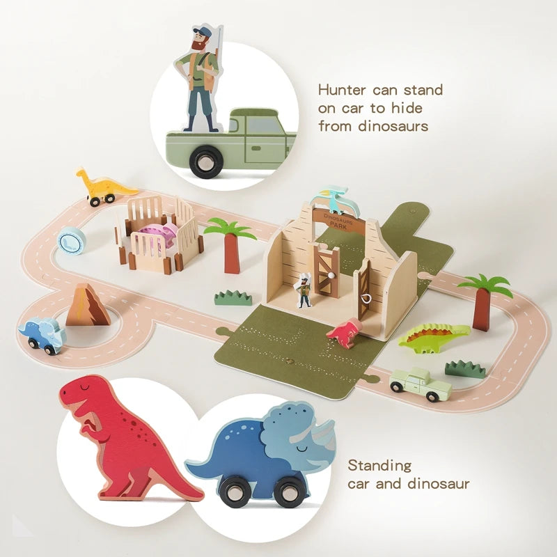 Wooden Montessori Toy Dinosaur Park Animals Barn Toy for Children Stacking Educational Toy Wooden Car Track Toy Christmas Gift