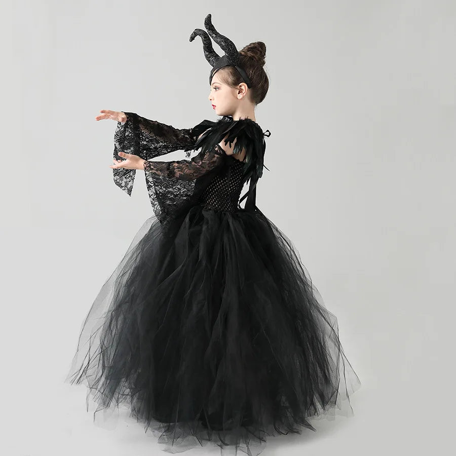 Kids Maleficent Girls Costume Dress Deluxe Halloween Cosplay Dress Gown Kids Demon Queen Witch Clothes