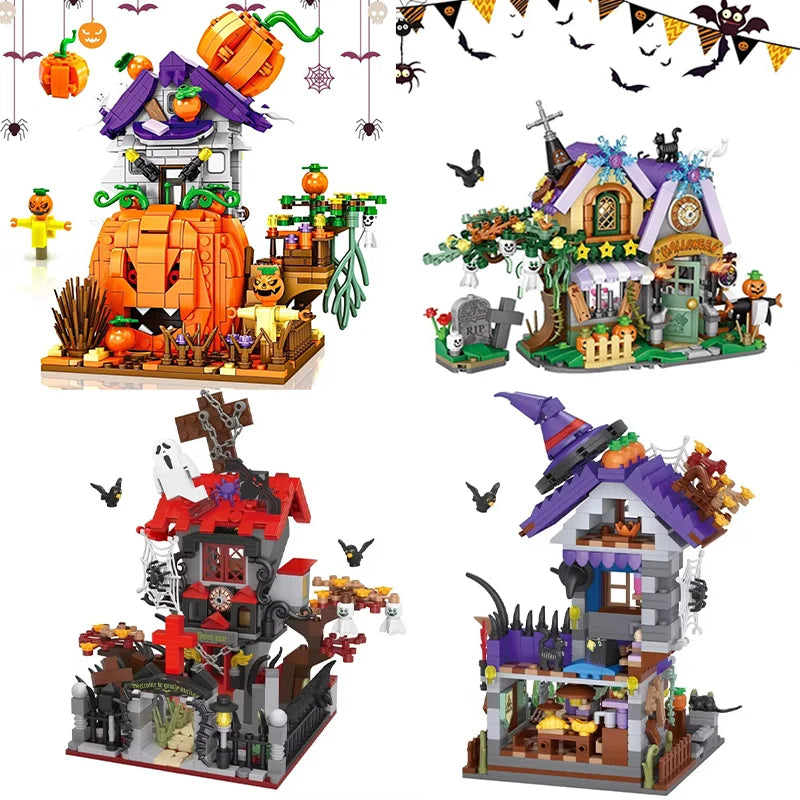 Halloween Creative Building Blocks Set Halloween Hut Haunted House Pumpkin House Decoration Bricks Kit Toys Birthday Party Gifts