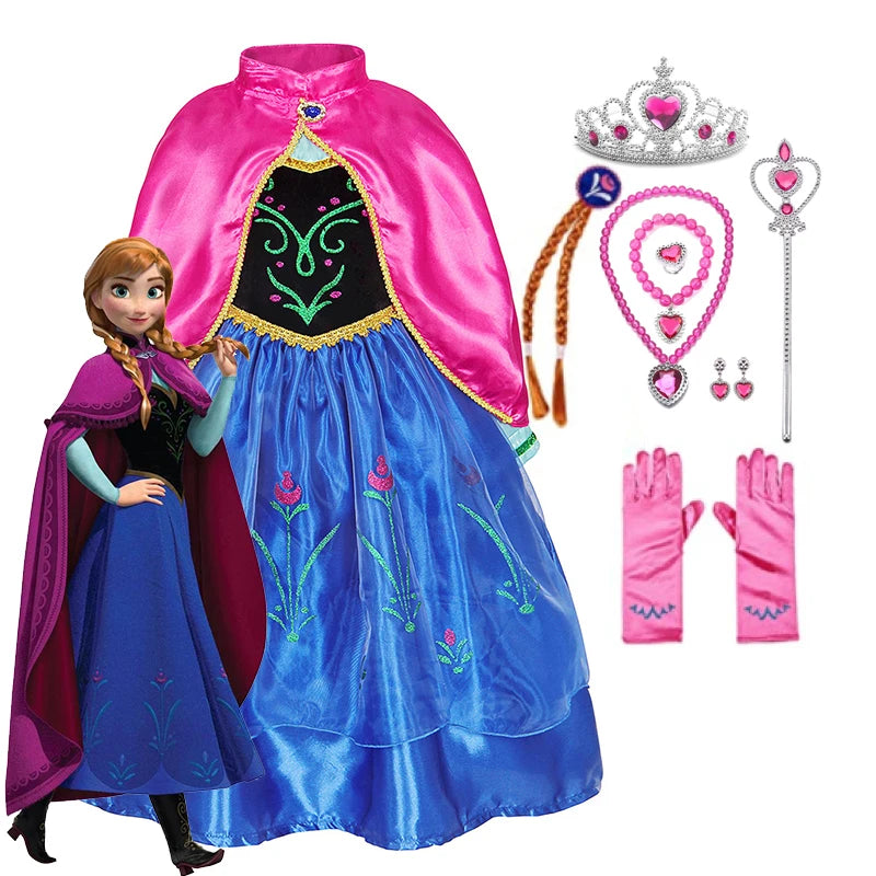 Disney Anna Dress with Cape for Kids Girl Carnival Princess Disguise Frozen Party Clothing Girls Hallloween Anna Gown Prom Dress