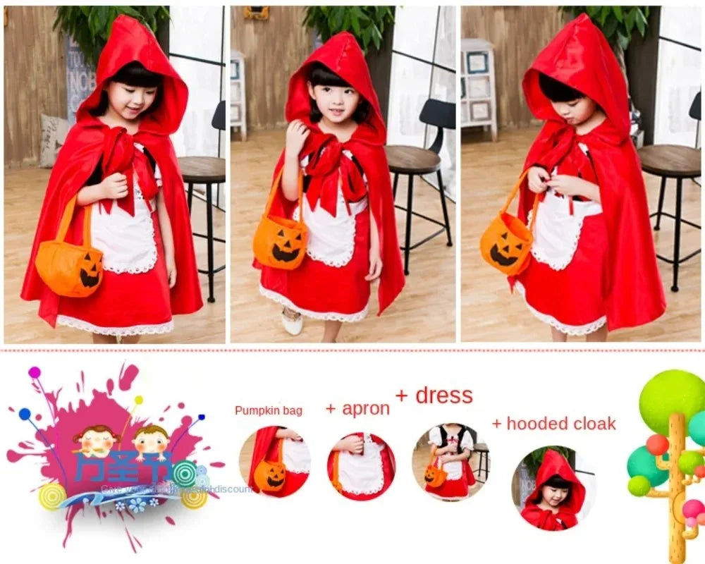 Little Red Riding Hood Girl Costume Children's Halloween Fairy Tale Storybook Cosplay Princess Dress Dress Hooded Cape