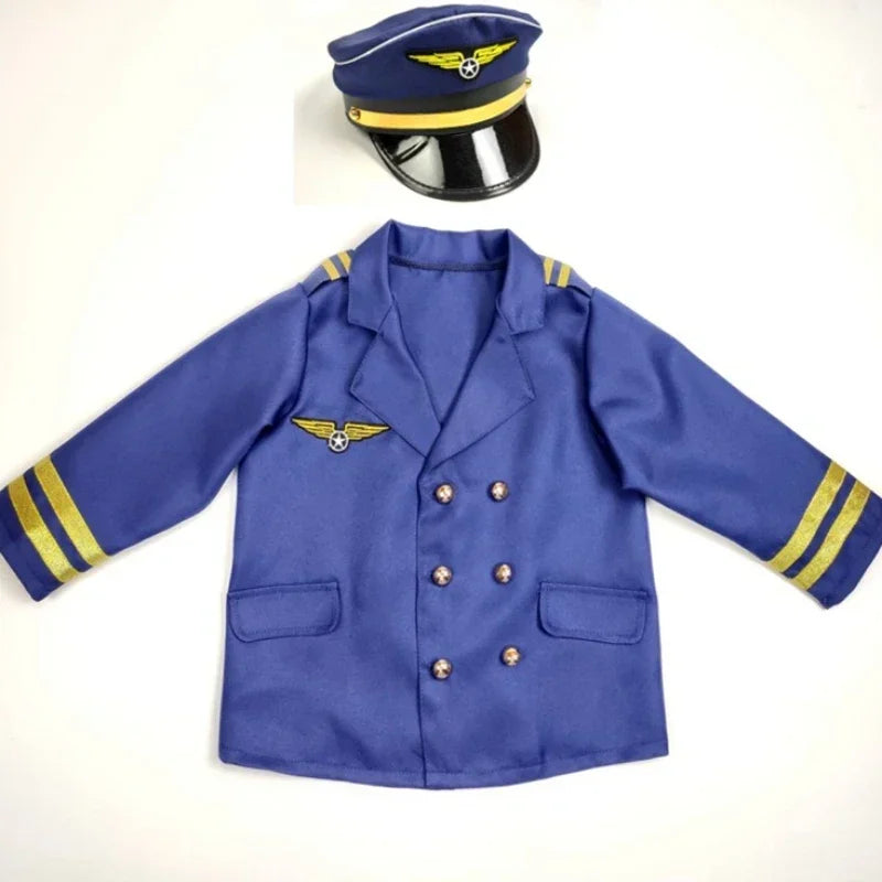 Children Halloween Costume Kids Aircraft Captain's Uniform Cosplay Clothing Hat Set Pilot Party Clothes Boy Girl Birthday Gift